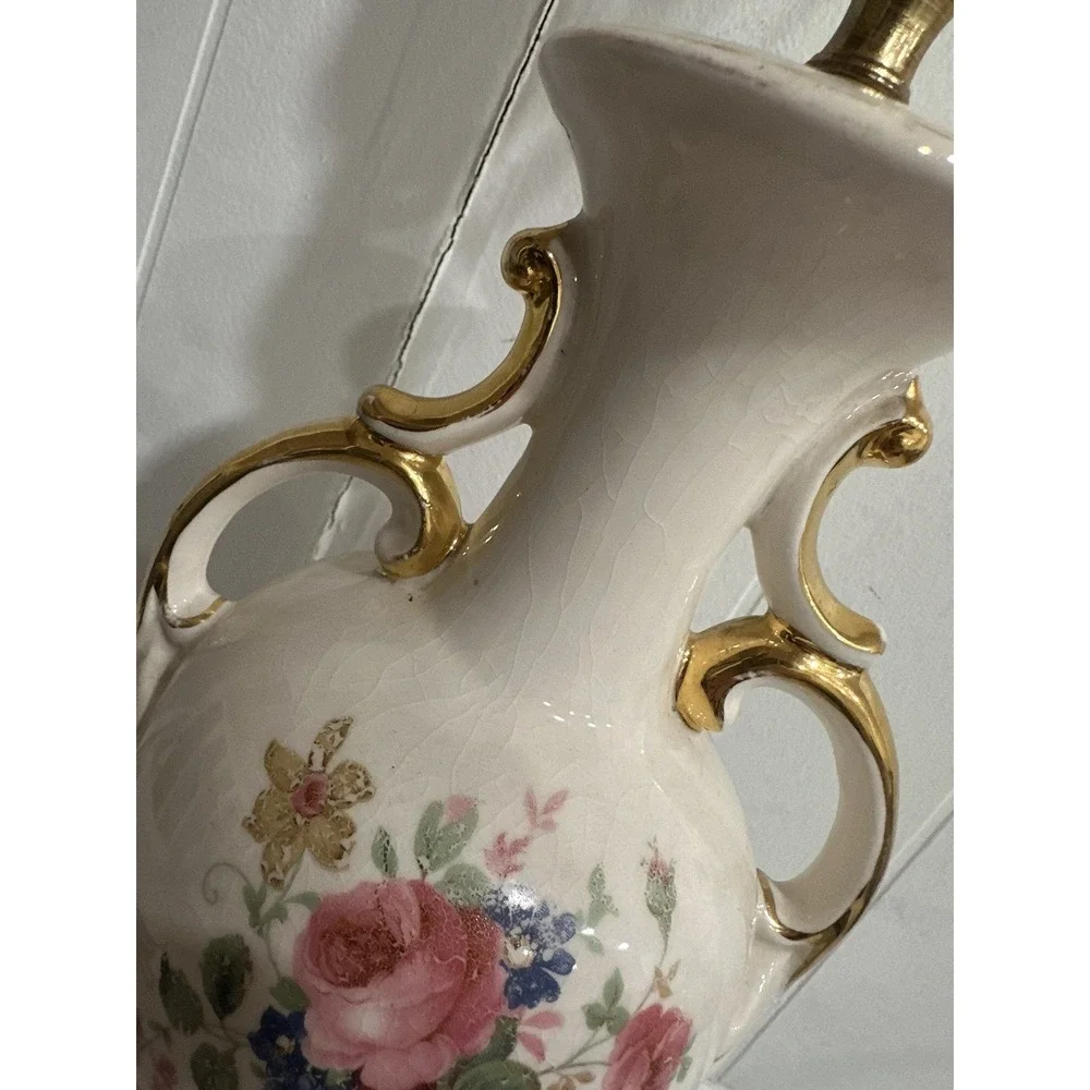 Antique Hand-Painted Porcelain Table Lamp –Floral England Urn Style, Gold Accent